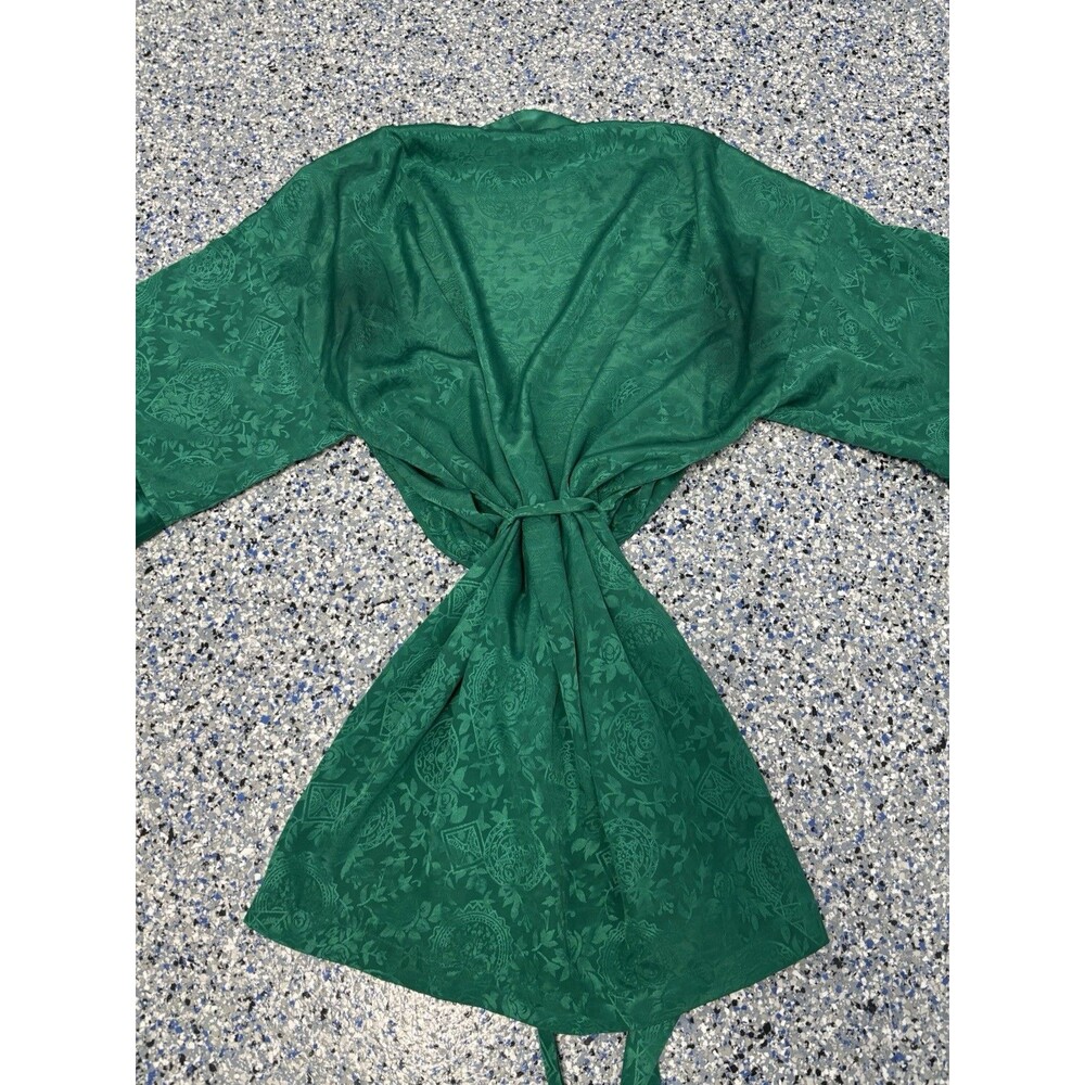 Vintage 90s Victoria's Secret Satin Kimono Womens Robe OS Green Jacquard Paisley - Picture 3 of 8